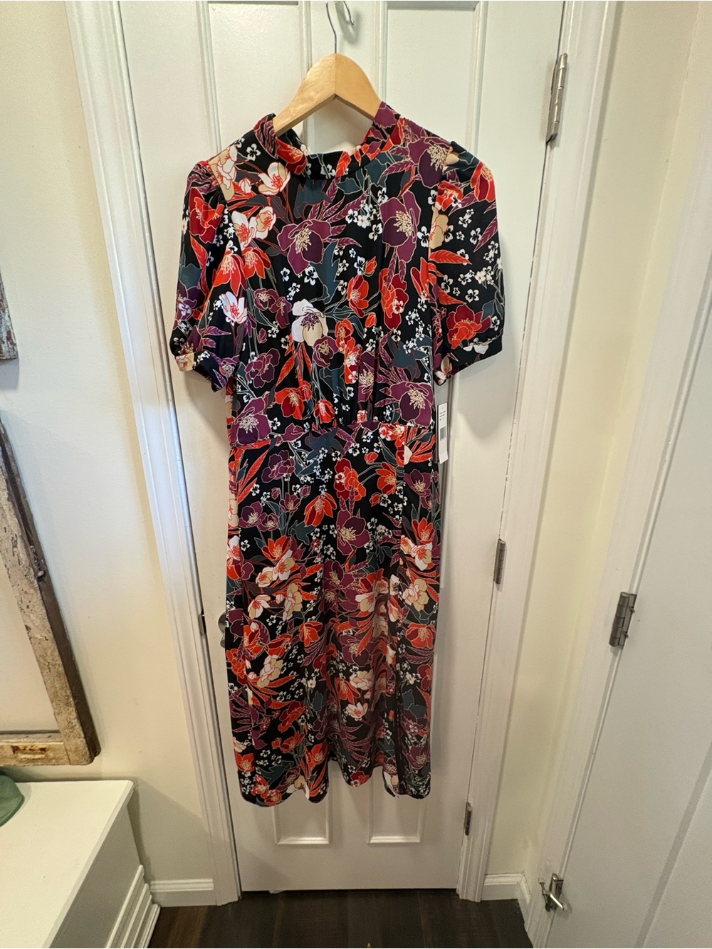 Floral Midi Dress in Black with Red & Purple Blooms